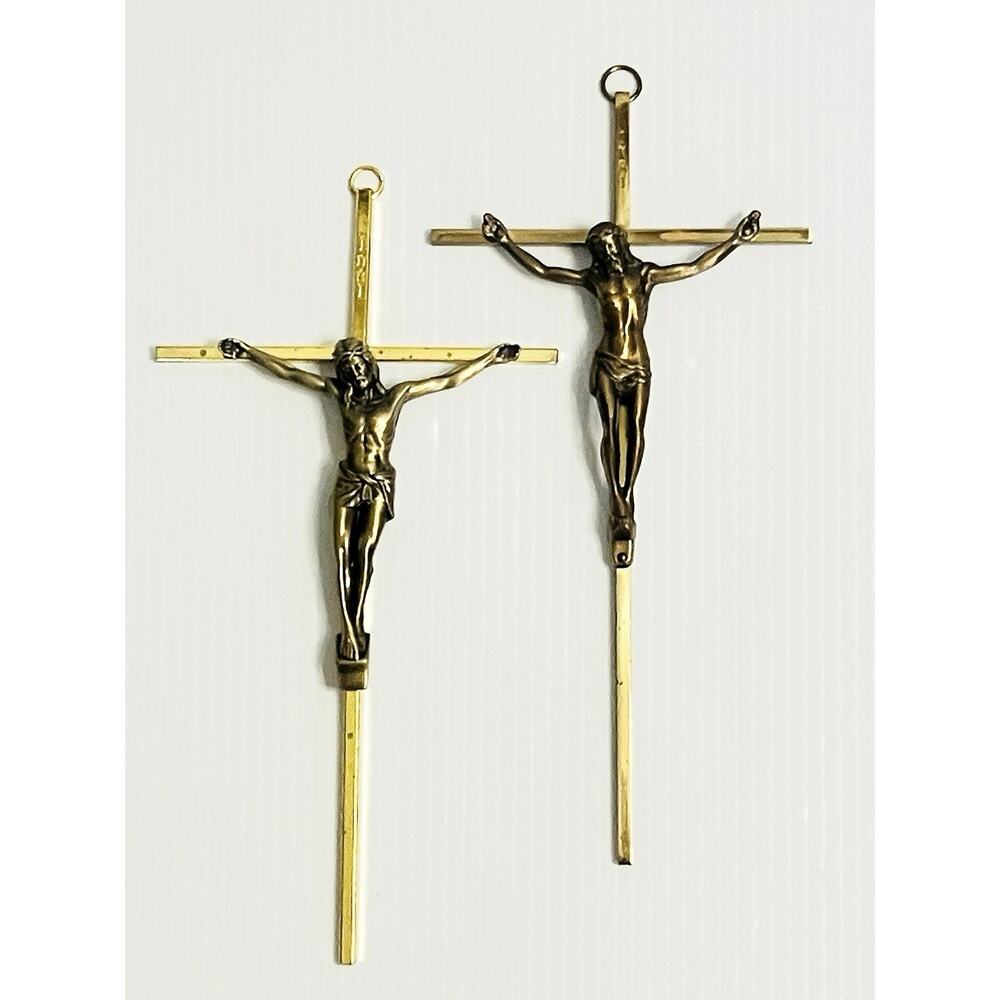 Vtg Brass Crucifix Set Of 2 Wall Hanging 10โ Mid Century Jesus Corpus INRI Cross